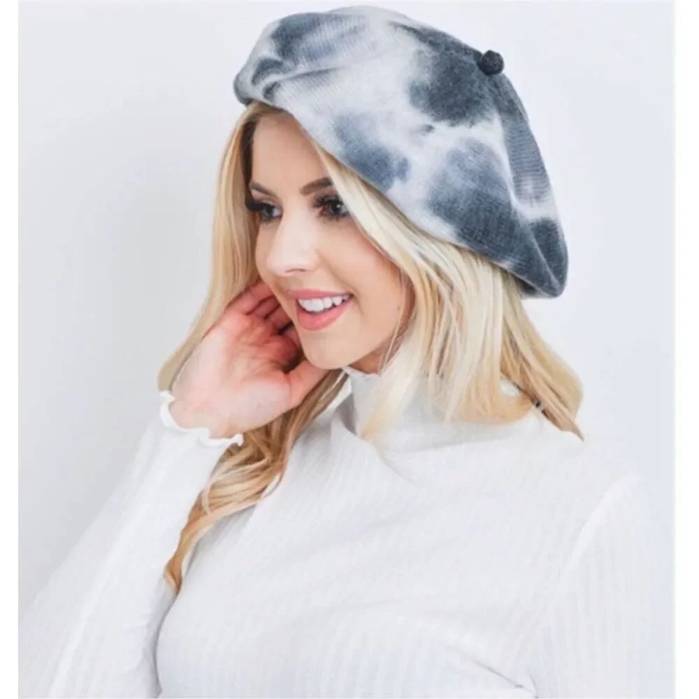 Tie-Dye Beret Black and White Fashion Hat-OS
